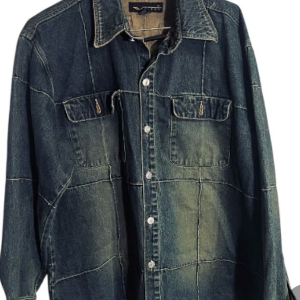 Vintage Vibes GL Patchwork Heavy Cotton Blue Jean Shirt Jacket Side Slits XXL - Picture 3 of 11